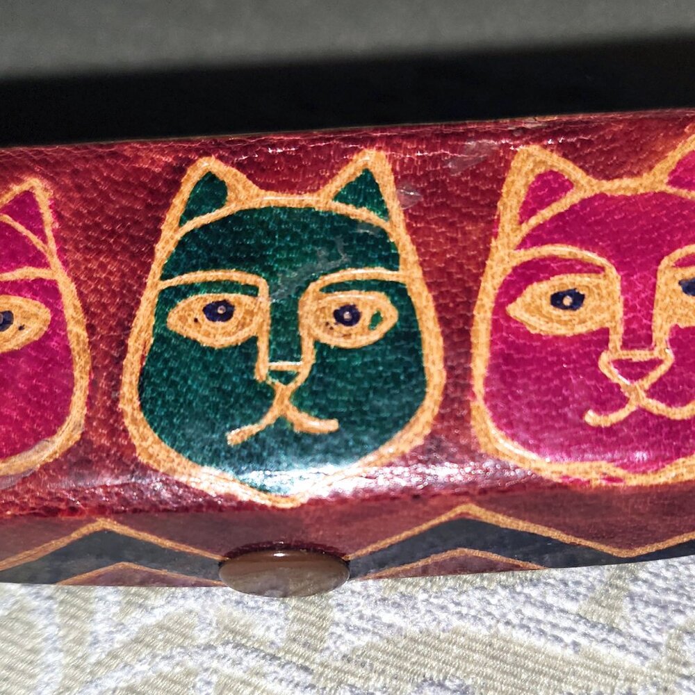 Vintage Handmade Leather Lipstick Case - Kitty Cats - NEW